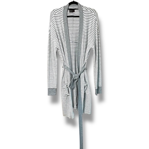 FREE PRESS Grey / White Stripe Open Front Robe with Belt US Sz L - Picture 1 of 8